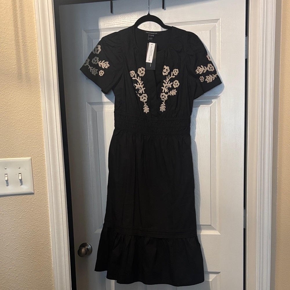 NWT Adorable Boho French Connection Black Dress with Cream Embroidery